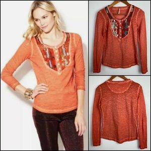 Free People Tribal Aztec Sequin Burnout Henley Button Down Top